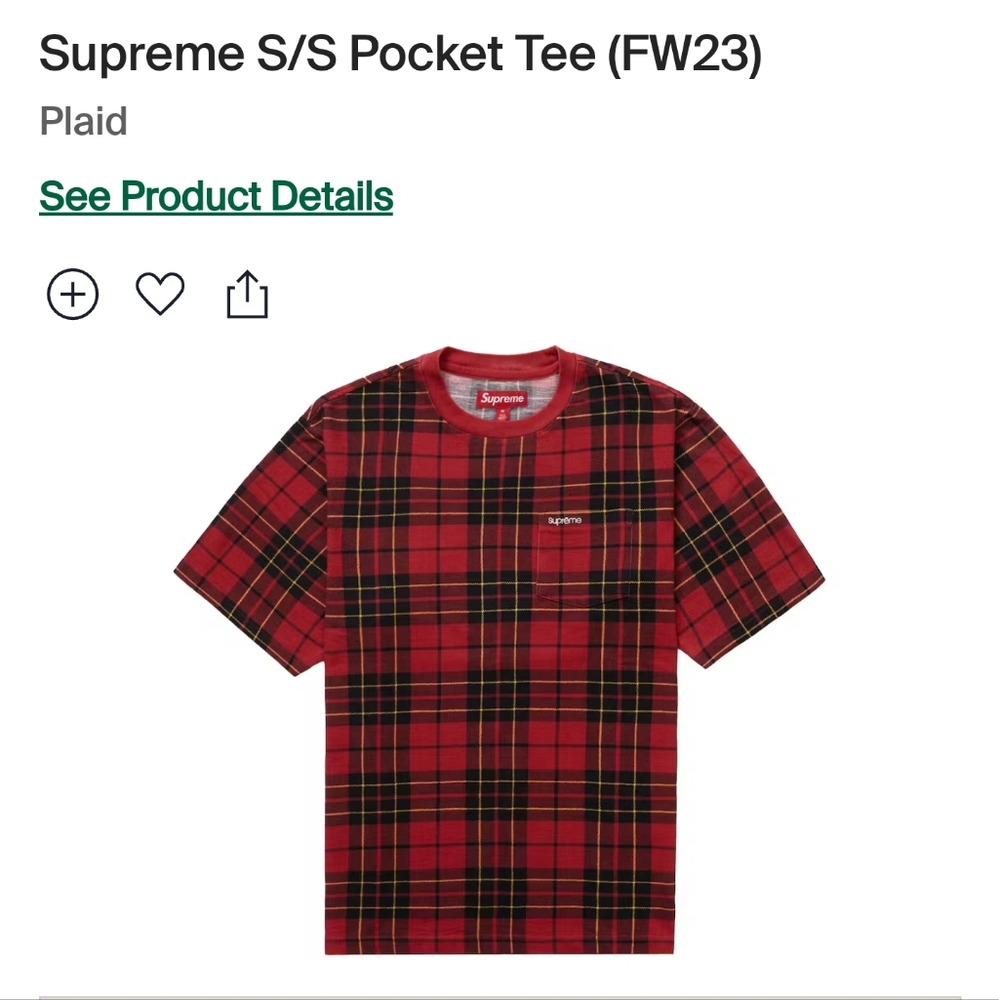 Supreme red plaid pocket tee brand new Xl